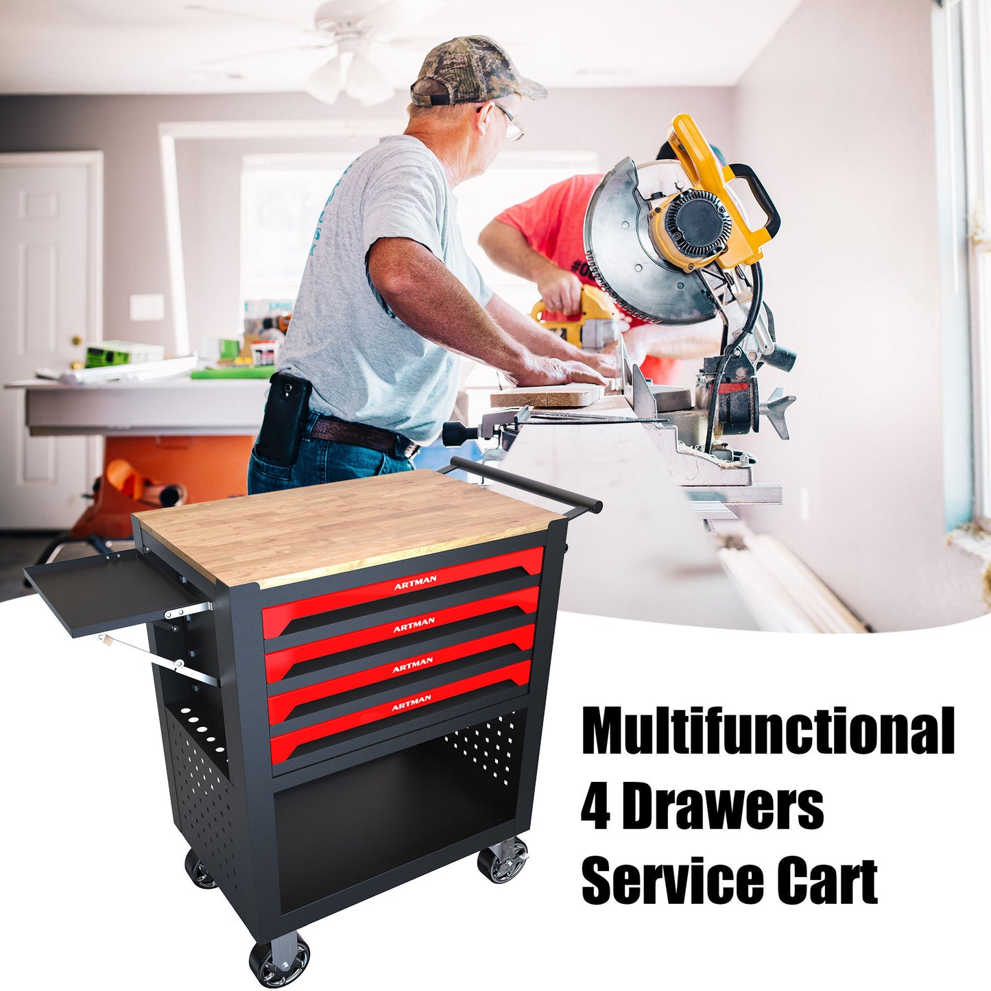 4 DRAWERS MULTIFUNCTIONAL TOOL CART WITH WHEELS AND WOODEN TOP