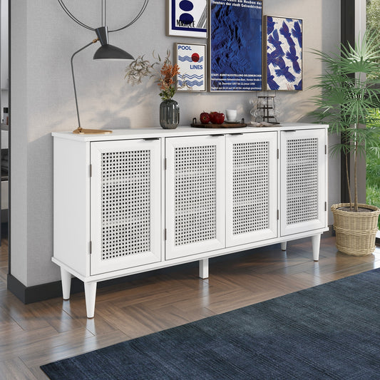 TREXM Large Storage Space Sideboard with Artificial Rattan Door and Unobtrusive Doorknob for Living Room and Entryway (White)