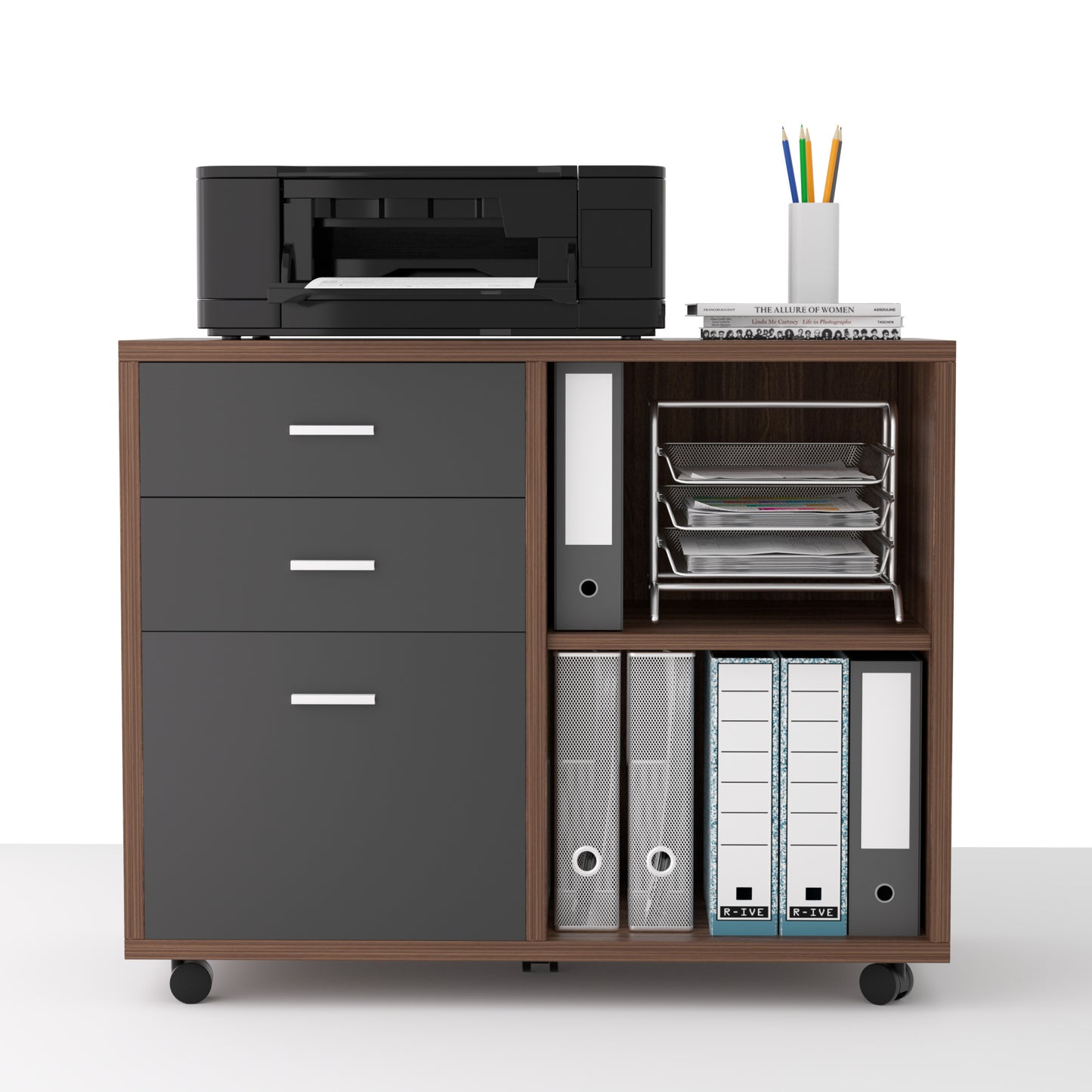 File Cabinet 3 -Drawer Mobile Lateral Filing Cabinet with Printer Stand for Home Office (Walnut and Dark Grey )