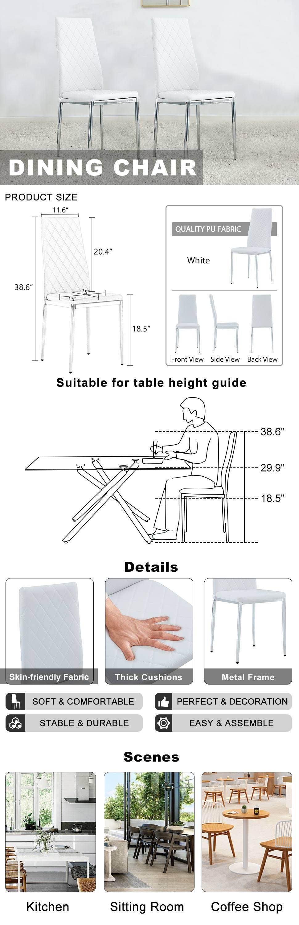 Grid Shaped Armless High Back Dining Chair,2-Piece Set, Office Chair. Applicable to Dining Room, Living Room, Kitchen and Office.White Chair and Electroplated Metal Leg