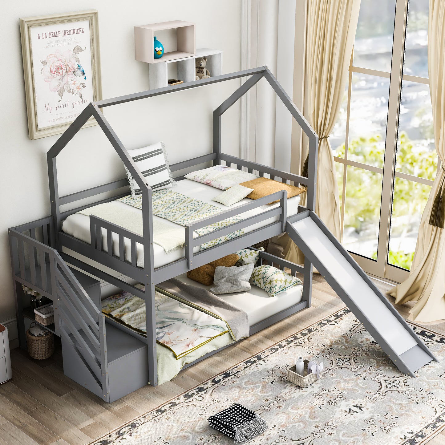 Twin over Twin House Bunk Bed with Convertible Slide,Storage Staircase can be Placed Left or Right,Gray