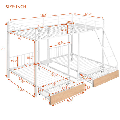 Full Over Twin & Twin Bunk Bed, Metal Triple Bunk Bed with Drawers and Guardrails, White