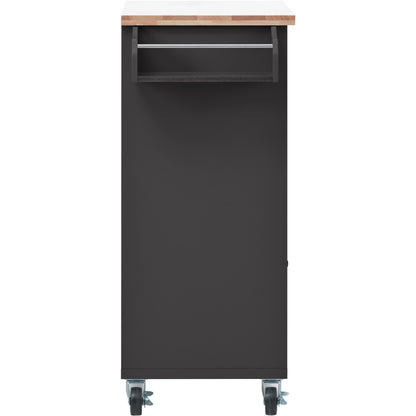 K&K Store Kitchen Cart on 4 Wheels with 2 Drawers and 3 Open Shelves, Kitchen Island with Rubber Wood top for Dinning Room, Black