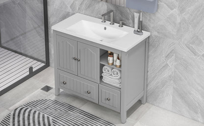 [VIDEO] 36" Bathroom Vanity with Ceramic Basin, Bathroom Storage Cabinet with Two Doors and Drawers, Solid Frame, Metal Handles, Grey