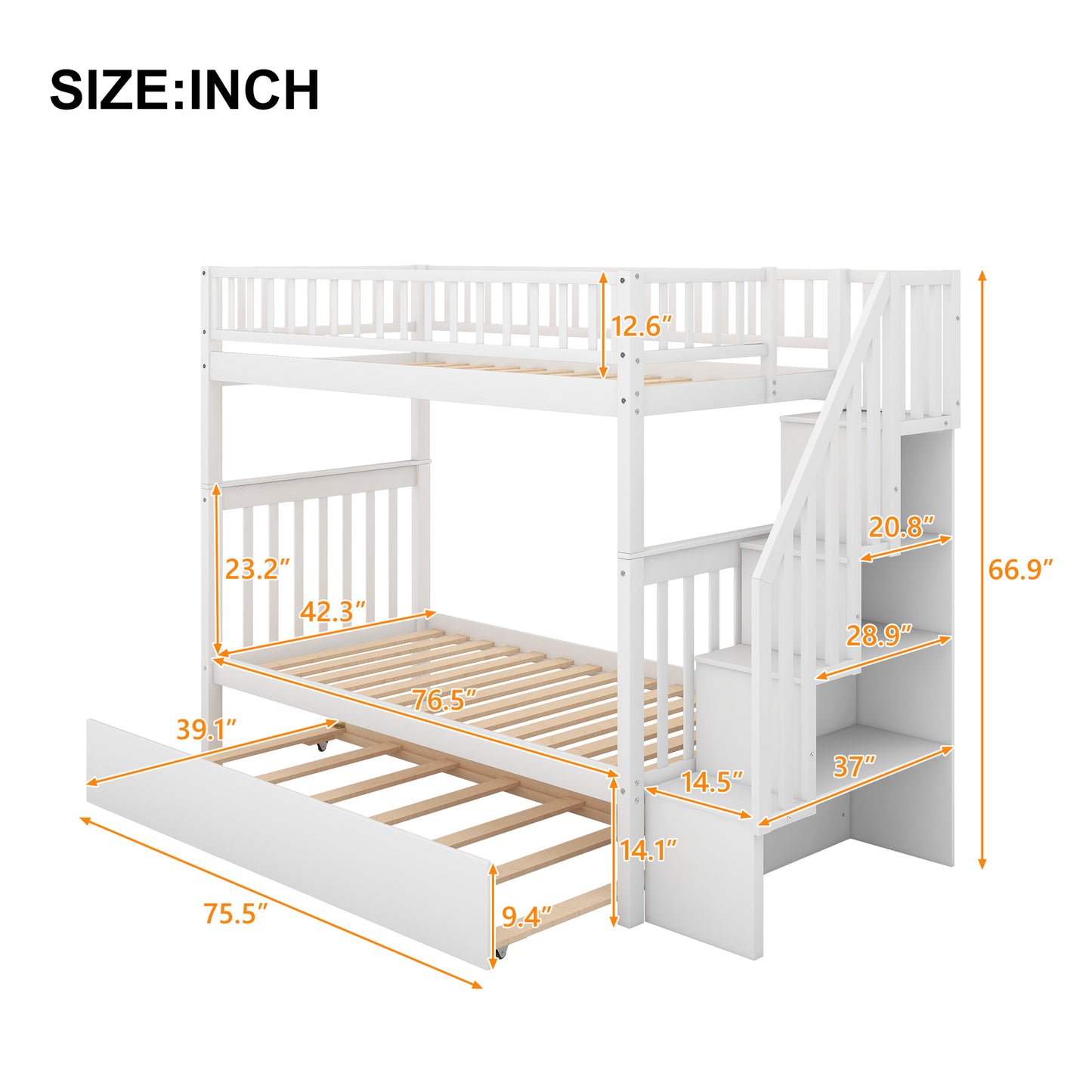 Twin over Twin Bunk Bed with Trundle and Storage, White