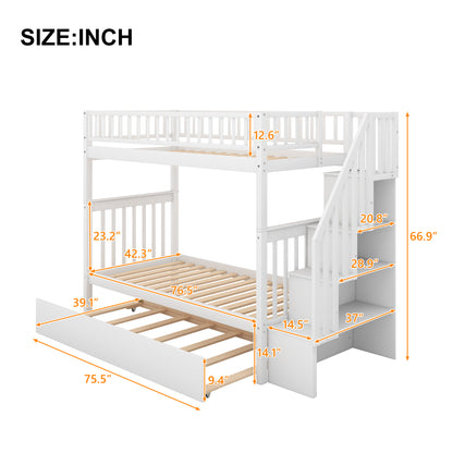 Twin over Twin Bunk Bed with Trundle and Storage, White