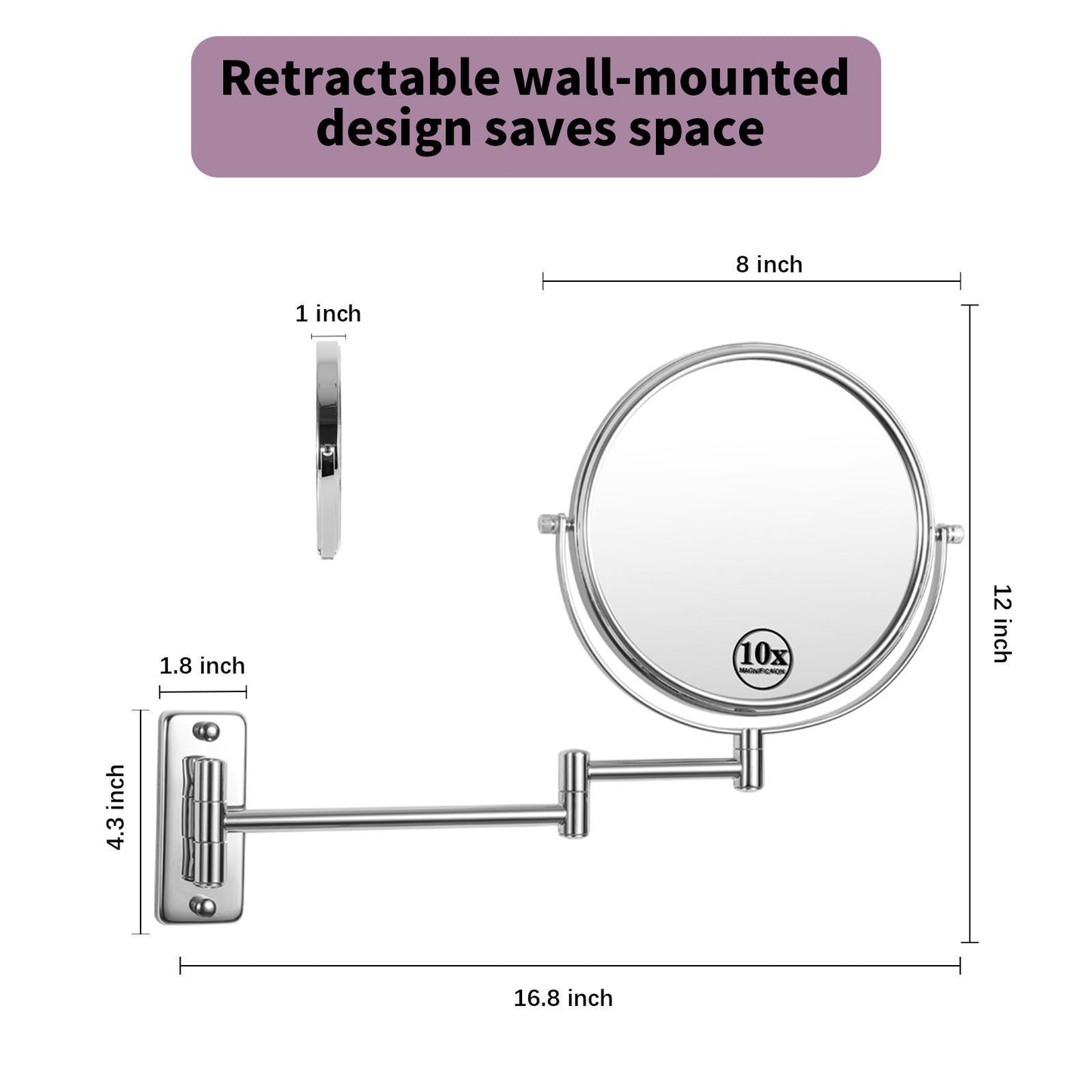 8-inch Wall Mounted Makeup Vanity Mirror, 1X / 10X Magnification Mirror, 360° Swivel with Extension Arm (Chrome Finish)