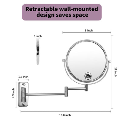 8-inch Wall Mounted Makeup Vanity Mirror, 1X / 10X Magnification Mirror, 360° Swivel with Extension Arm (Chrome Finish)