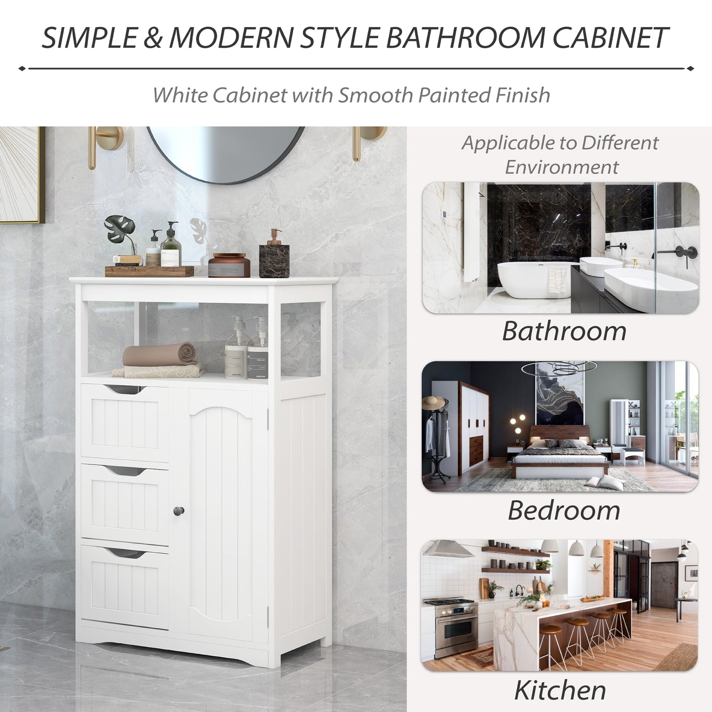 White Bathroom Cabinet, Freestanding Multi-Functional Storage Cabinet with Door and 3 Drawers, MDF Board with Painted Finish