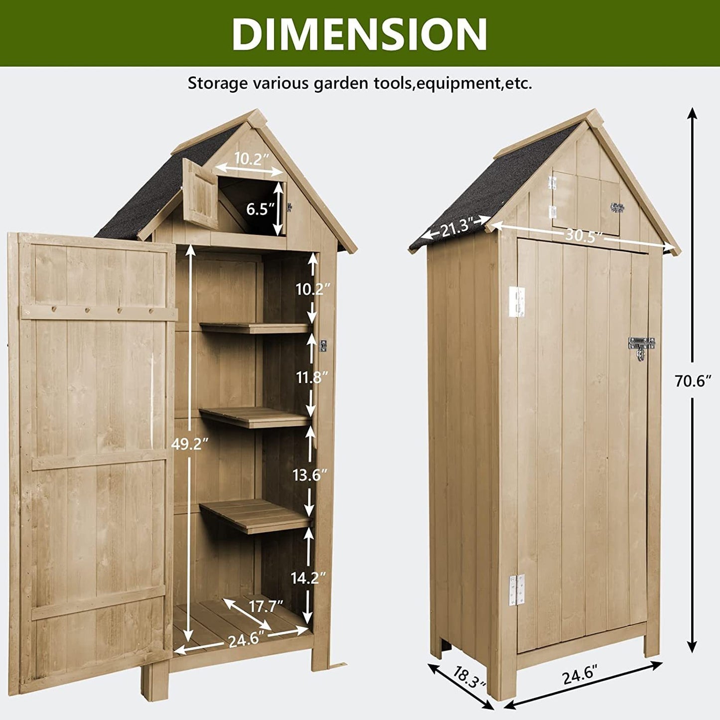 Outdoor Storage Cabinet Tool Shed Wooden Garden Shed with Floor, Hooks and Asphalt Waterproof Roof,Organizer Wooden Lockers with Fir Wood,Nature