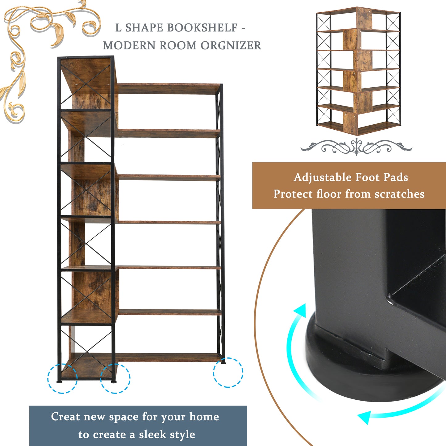 7-Tier Bookcase Home Office Bookshelf,  L-Shaped Corner Bookcase with Metal Frame, Industrial Style Shelf with Open Storage, MDF Board