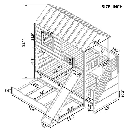 Twin over Twin House Bunk Bed with Trundle and Slide ,Storage Staircase,Roof and Window Design, Gray