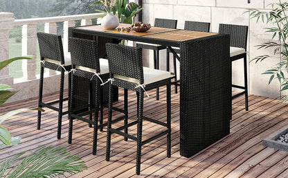 TOPMAX Outdoor Patio 7-Piece Rattan Dining Table Set, PE Wicker Bar Furniture Set with Wood Tabletop and 6 Dining Chairs for Backyard, Garden, Black Rattan+Beige Cushion