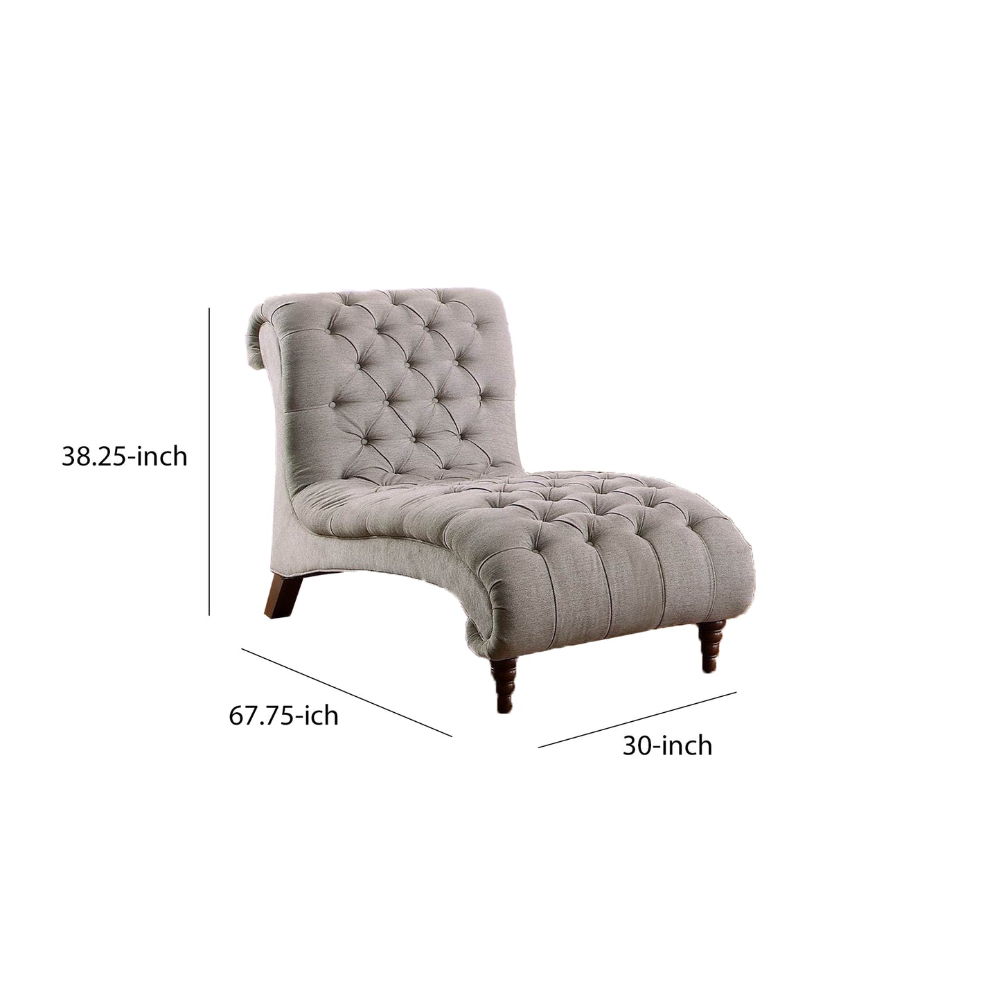 68 Inch Rolled Design Chaise, Gray Fabric, Button Tufting, Turned Feet