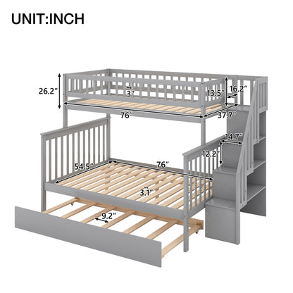 Twin over Full Bunk Bed with Trundle and Staircase,Gray