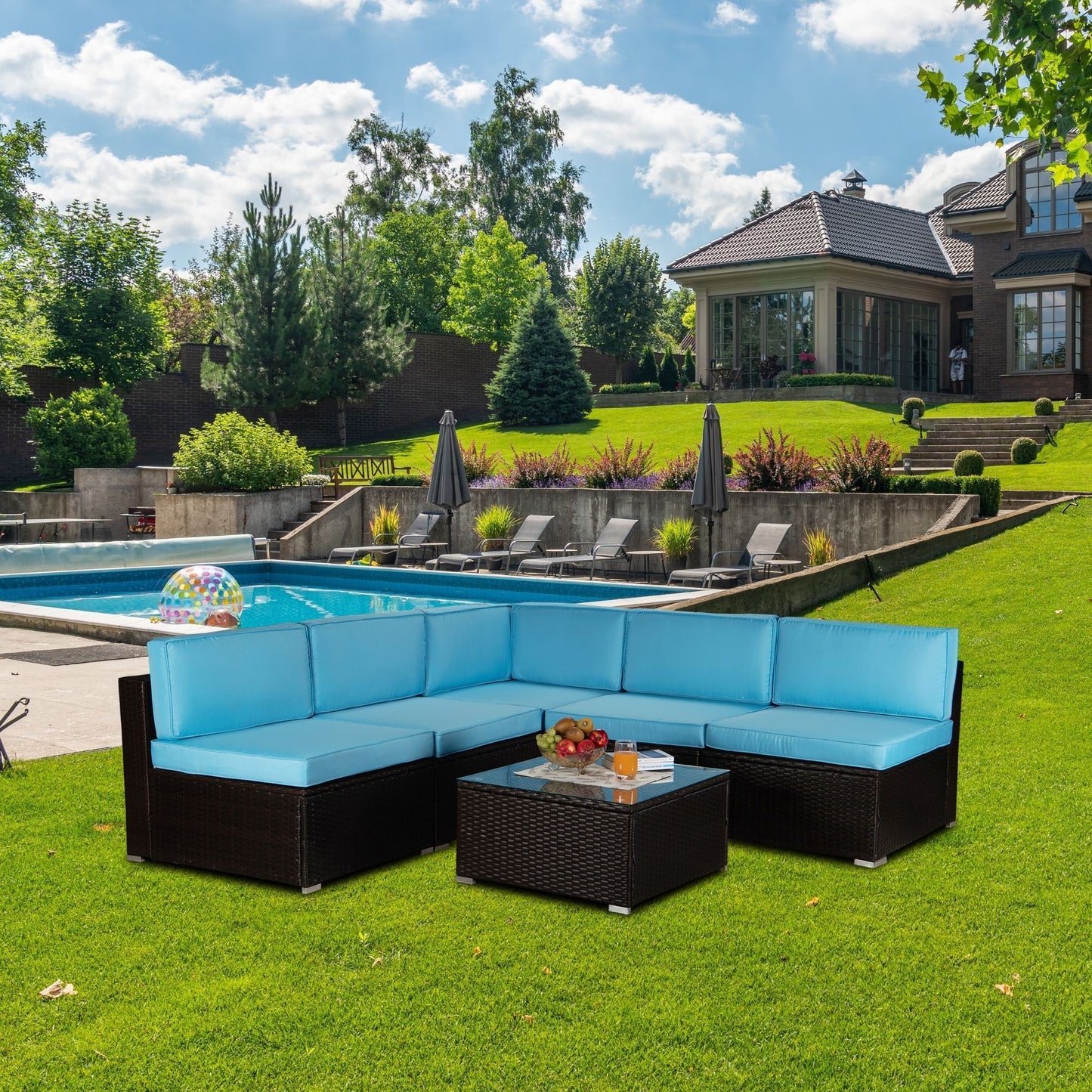 Outdoor Garden Patio Furniture 6-Piece Brown PE Rattan Wicker Sectional Blue Cushioned Sofa Sets