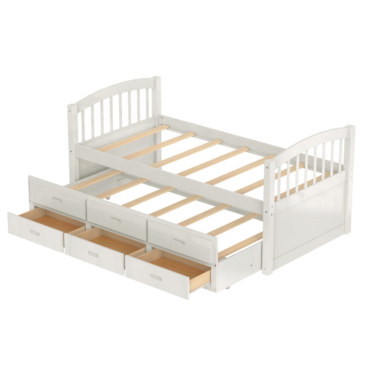 Twin over Twin Wood Bunk Bed with Trundle and Drawers,White