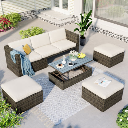 U_STYLE Patio Furniture Sets, 5-Piece Patio Wicker Sofa with Adustable Backrest, Cushions, Ottomans and Lift Top Coffee Table