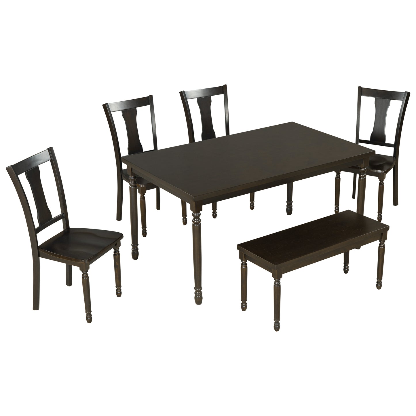 TREXM Classic 6-Piece Dining Set Wooden Table and 4 Chairs with Bench for Kitchen Dining Room (Espresso)