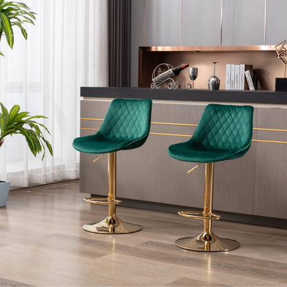 Set of 2  Bar Stools,with Chrome Footrest and Base Swivel Height Adjustable Mechanical Lifting Velvet + Golden Leg Simple Bar Stool-green