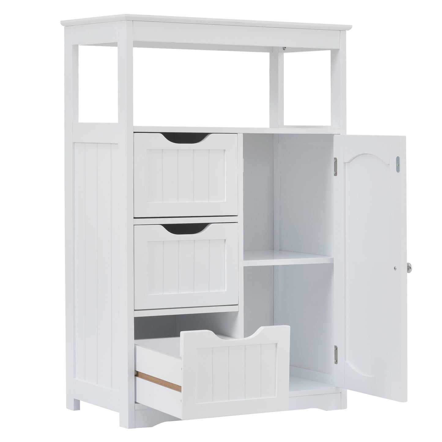 White Bathroom Cabinet, Freestanding Multi-Functional Storage Cabinet with Door and 3 Drawers, MDF Board with Painted Finish