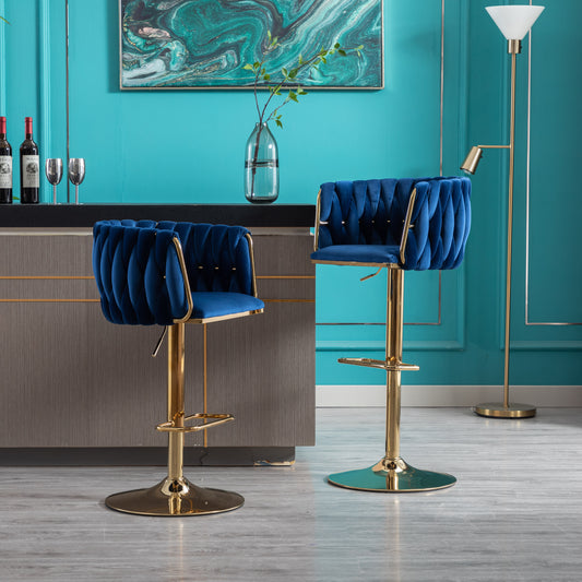 Set of 2  Bar Stools,with Chrome Footrest and Base Swivel Height Adjustable Mechanical Lifting Velvet + Golden Leg Simple Bar Stool-Navy