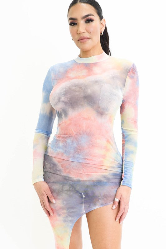 Asymetrical Tie Dye Mesh Dress