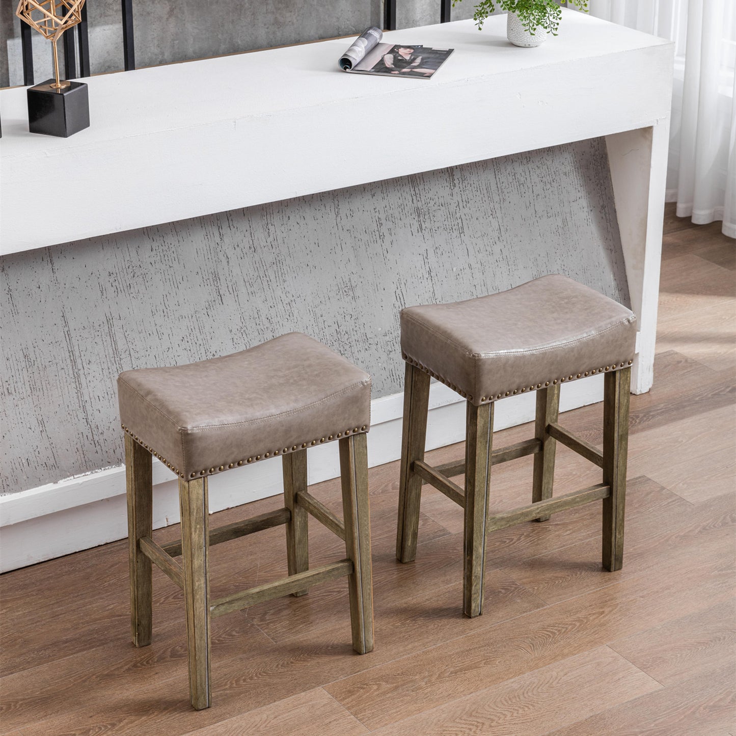 A&A Furniture,Counter Height 26" Bar Stools for Kitchen Counter Backless  Faux Leather Stools Farmhouse Island Chairs (26 Inch, Gray, Set of 2)