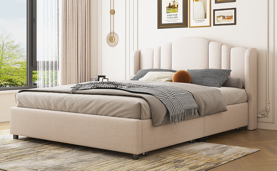 Upholstered Platform Bed with Wingback Headboard and 4 Drawers, No Box Spring Needed, Linen Fabric, Queen Size Beige