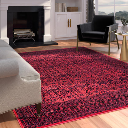 Aurora Border Red and Black Viscose Area Rug 8x10