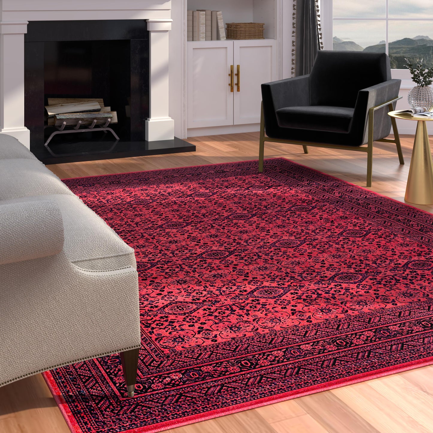 Aurora Border Red and Black Viscose Area Rug 4x6