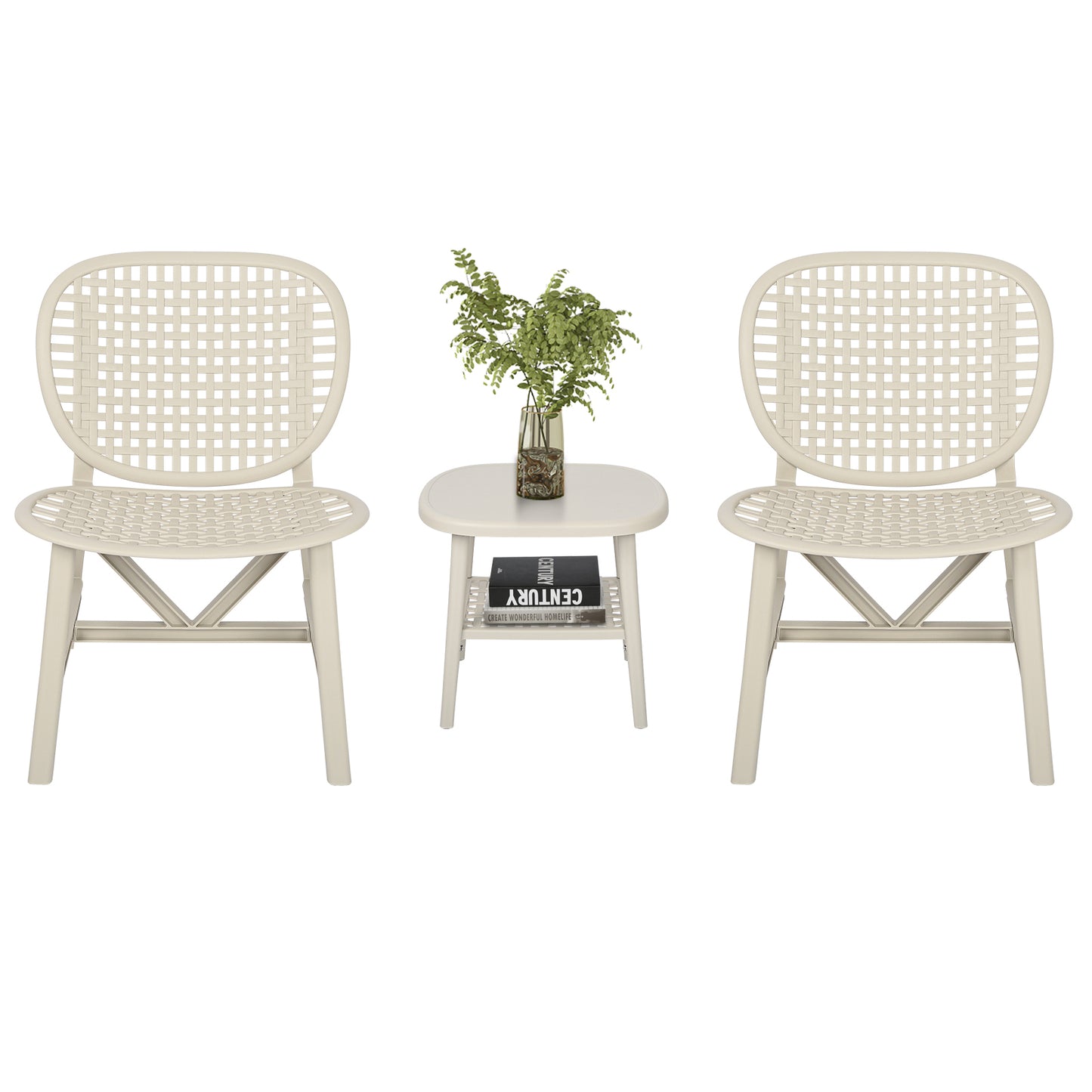 3 Pieces Hollow Design Retro Patio Table Chair Set All Weather Conversation Bistro Set Outdoor Table with Open Shelf and Lounge Chairs with Widened Seat for Balcony Garden Yard White