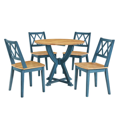 TOPMAX Mid-Century 5-Piece Round Dining Table Set with Trestle Legs and 4 Cross Back Dining Chairs, Antique Oak+Antique Blue