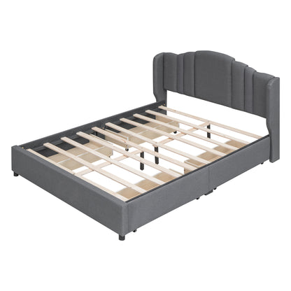 Upholstered Platform Bed with Wingback Headboard and 4 Drawers, No Box Spring Needed, Linen Fabric, Queen Size Gray