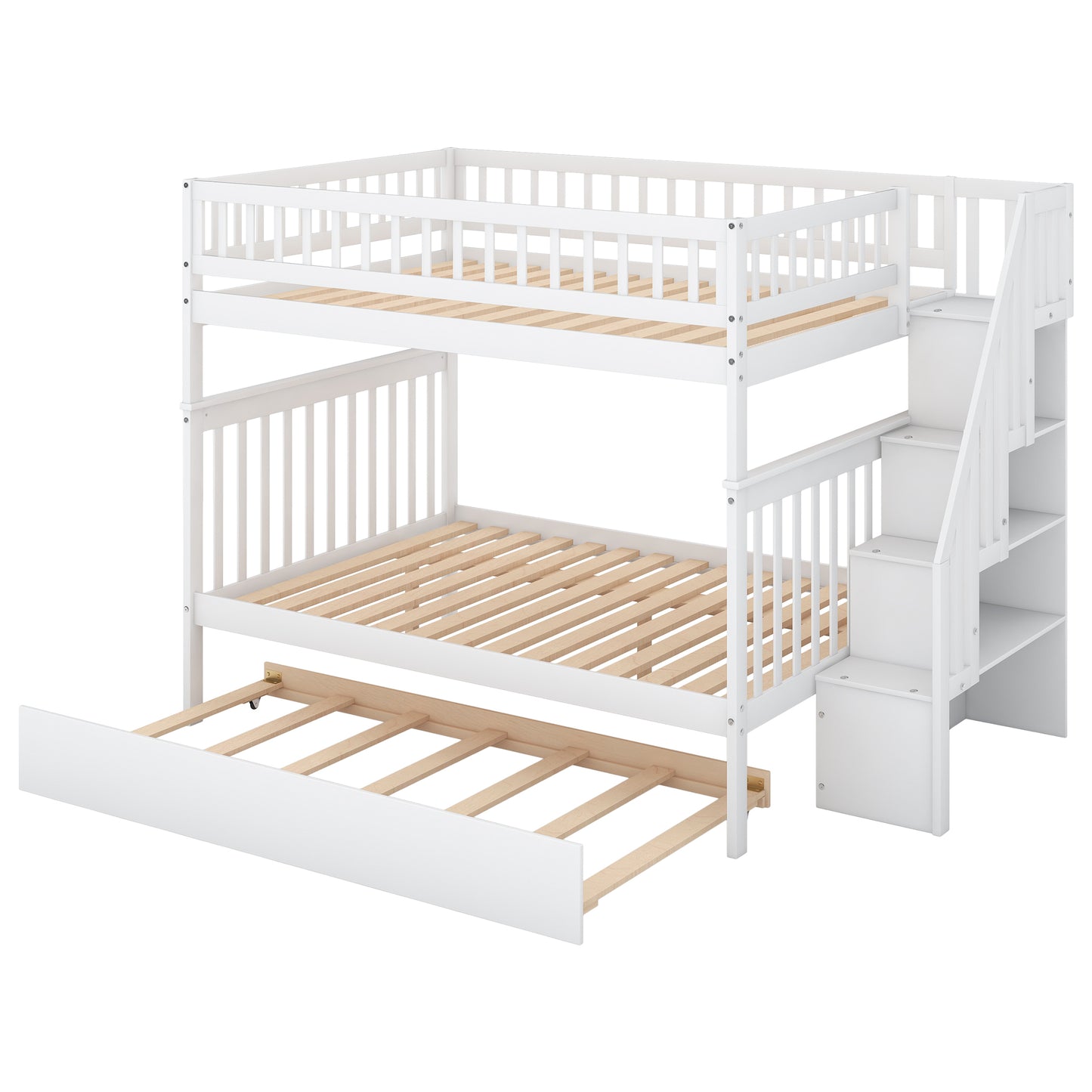 Full over Full Bunk Bed with Trundle and Staircase,White