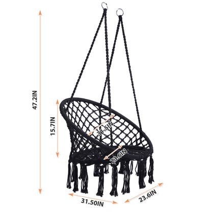 Black Swing，Hammock Chair Macrame Swing，Max 330 Lbs Hanging Cotton Rope Hammock Swing Chair for Indoor and Outdoor