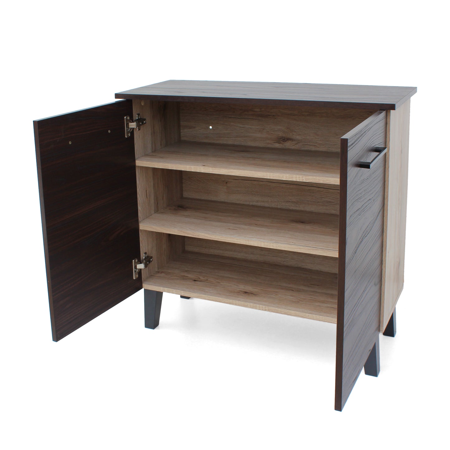 Willson Modern 3-Shelf Walnut Finished Faux Wood Cabinet with Oak Accent