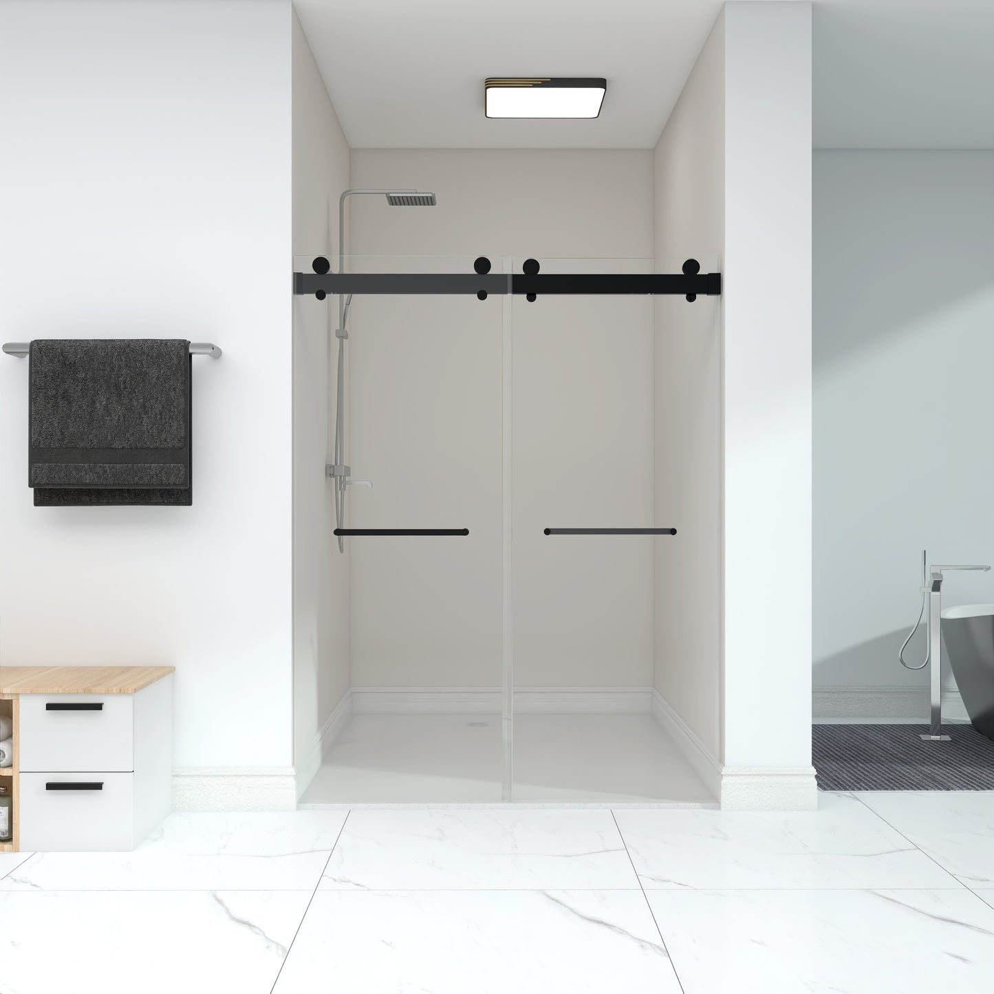 Frameless Double Sliding Shower, 57" - 60" Width, 79" Height, 3/8" (10 mm) Clear Tempered Glass, , Designed for Smooth Door Closing With Upgraded Crashproof System Technology Matte Black Finish