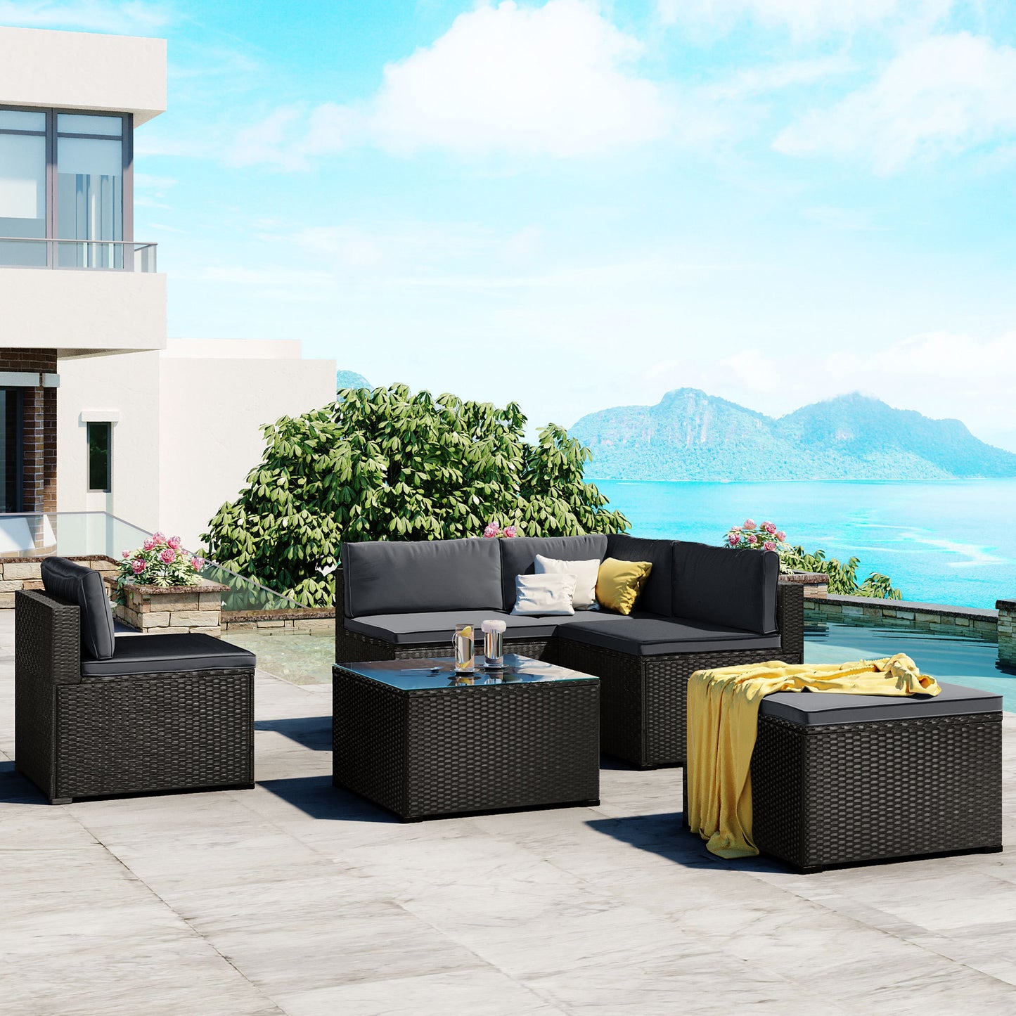 GO 6-Piece Outdoor Furniture Set with PE Rattan Wicker, Patio Garden Sectional Sofa Chair, removable cushions (Black wicker, Grey cushion)