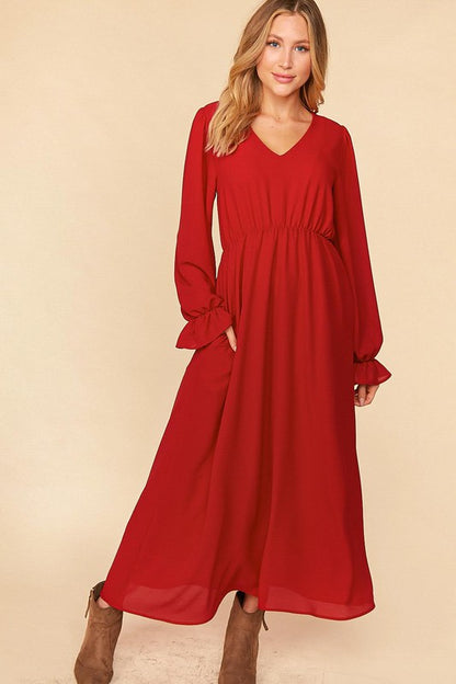 PUFF RUFFLE HEM SLEEVE WOVEN MAXI LINED DRESS