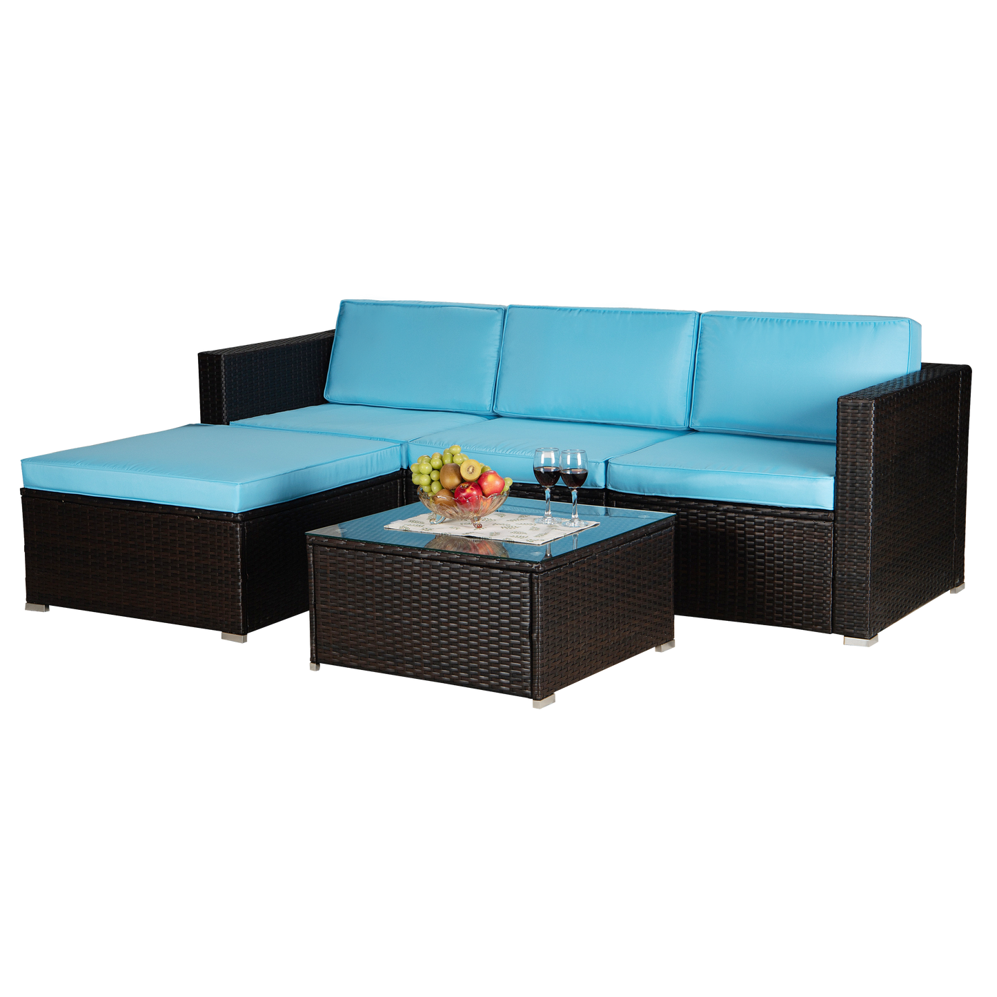 Outdoor Garden Patio Furniture 5-Piece Brown PE Rattan Wicker Sectional Blue Cushioned Sofa Sets