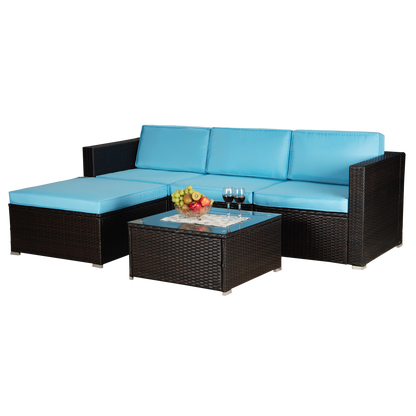 Outdoor Garden Patio Furniture 5-Piece Brown PE Rattan Wicker Sectional Blue Cushioned Sofa Sets