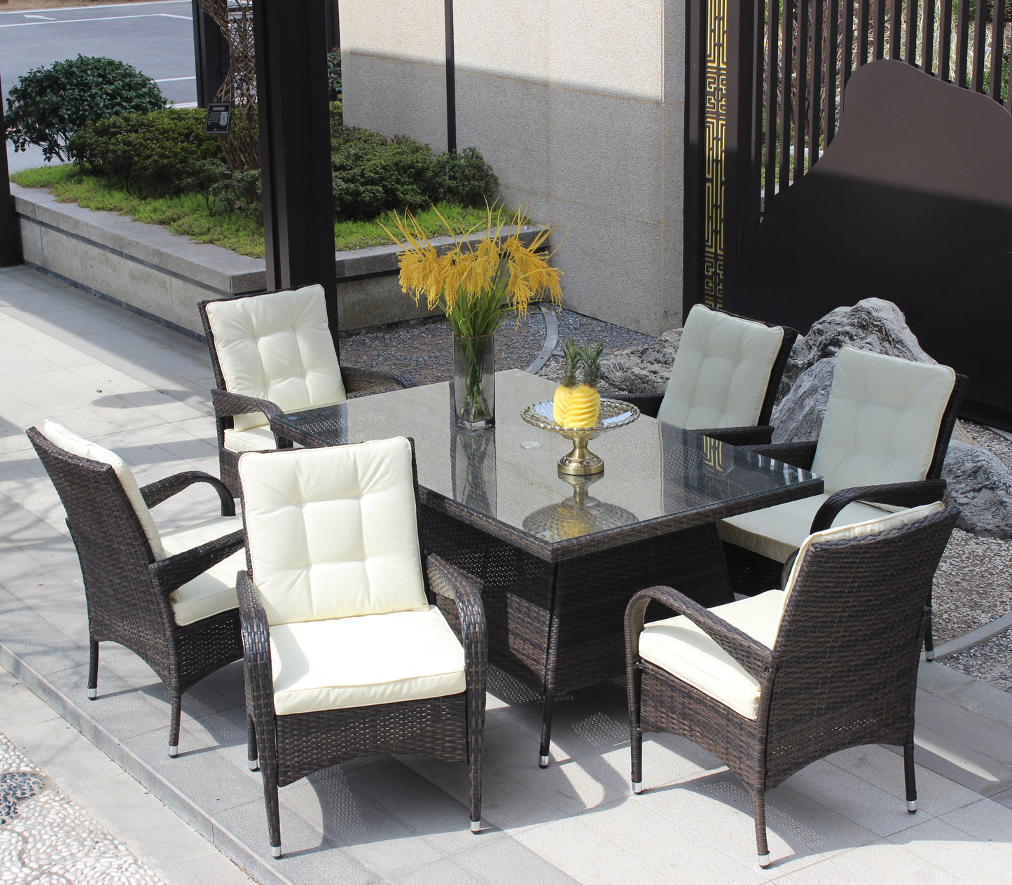 Patio 7-Piece Rectangular Dining Set with 6 Dining Chairs (Brown &Beige Cushion )