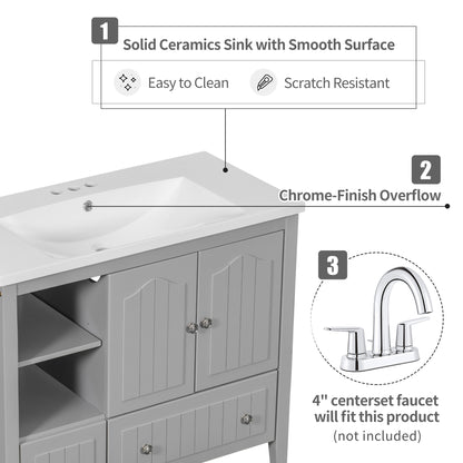 [VIDEO] 36" Bathroom Vanity with Ceramic Basin, Bathroom Storage Cabinet with Two Doors and Drawers, Solid Frame, Metal Handles, Grey