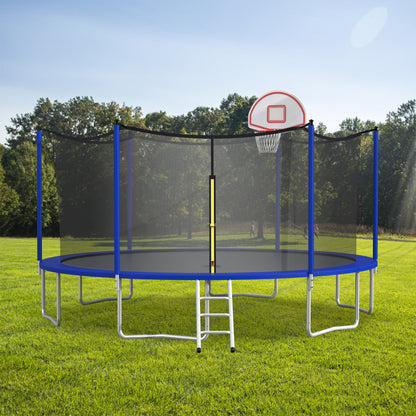 16ft Trampoline with Enclosure, New Upgraded Kids Outdoor Trampoline with Basketball Hoop and Ladder, Heavy-Duty Round Trampoline，Blue