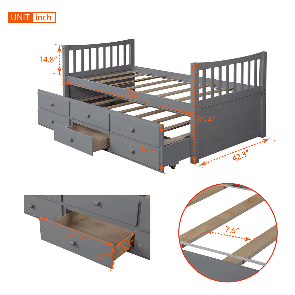 Daybed with Trundle and Drawers, Twin Size, Gray(Old SKU: LP000041EAA,LP000041AAE)