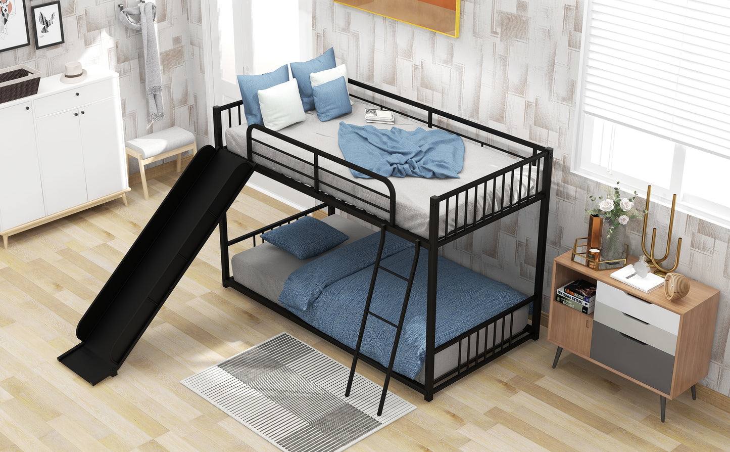 Metal Bunk Bed with Slide, Twin over Twin, Black