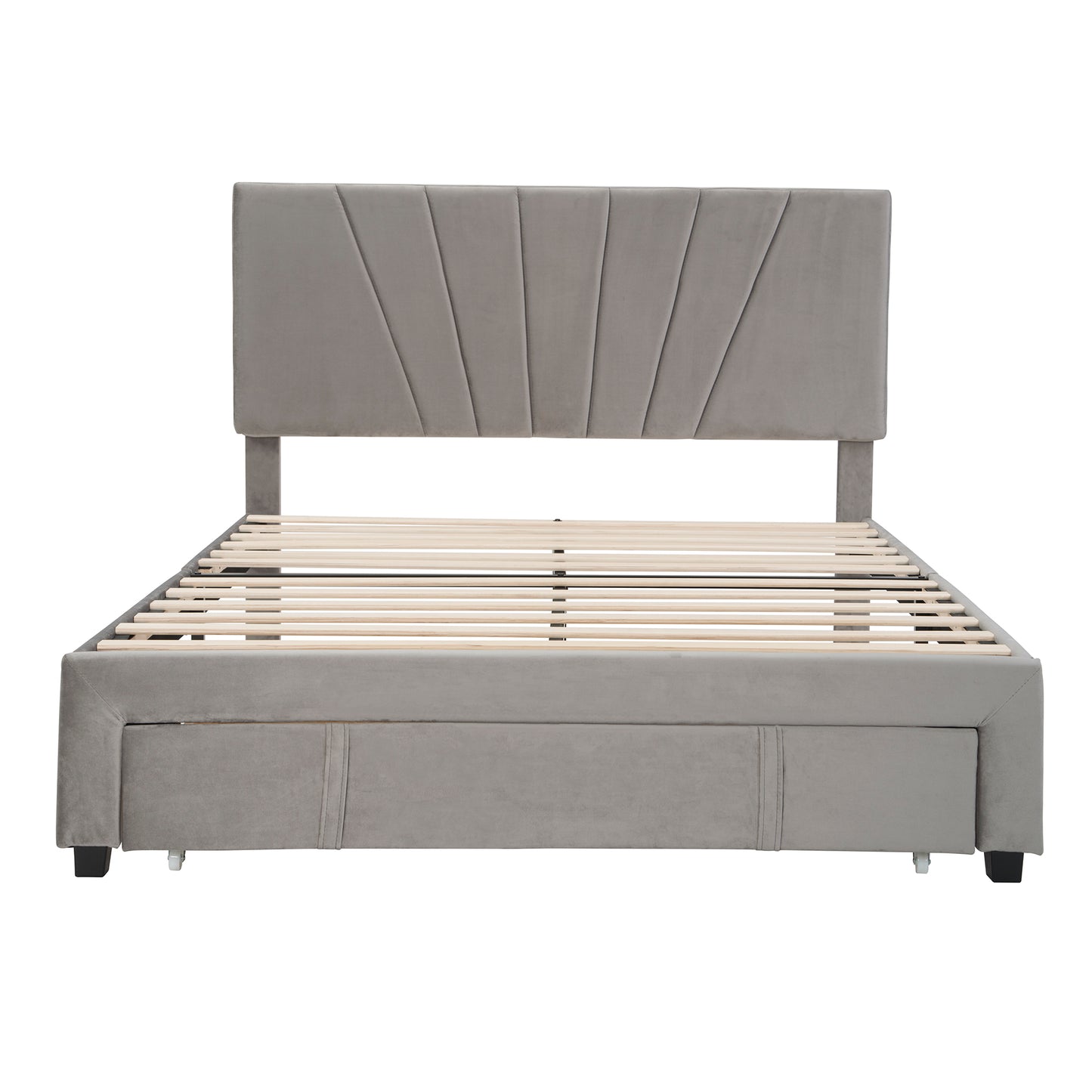 Queen Size Storage Bed Velvet Upholstered Platform Bed with a Big Drawer - Gray