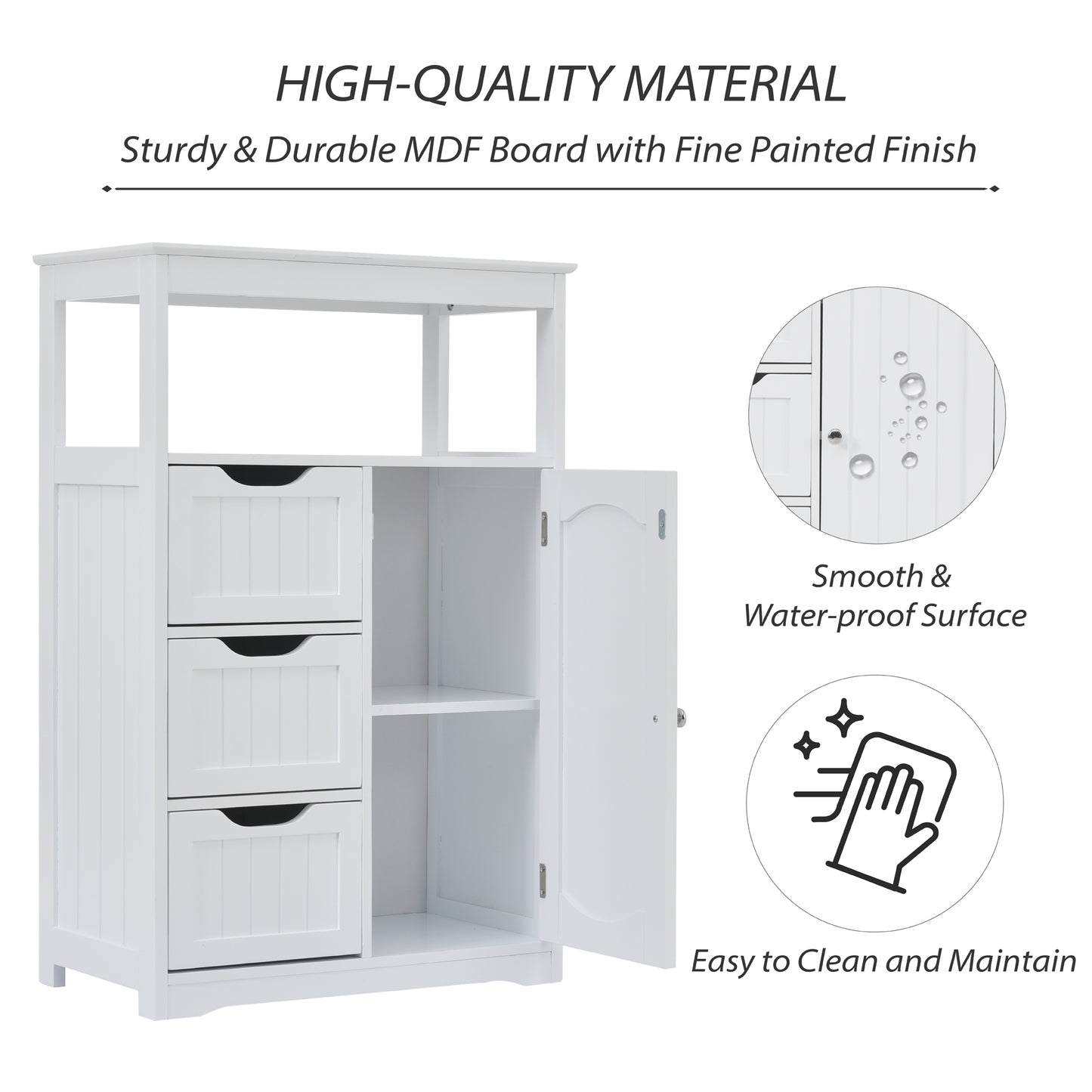 White Bathroom Cabinet, Freestanding Multi-Functional Storage Cabinet with Door and 3 Drawers, MDF Board with Painted Finish