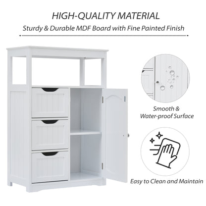 White Bathroom Cabinet, Freestanding Multi-Functional Storage Cabinet with Door and 3 Drawers, MDF Board with Painted Finish